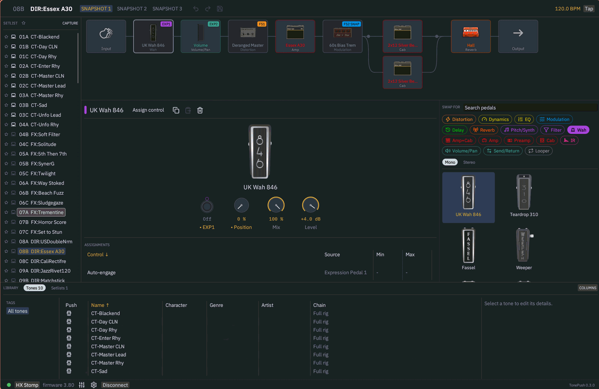 TonePush editing a preset on an HX Stomp: a drive, amp and cab on the main line with a delay and reverb on a parallel branch